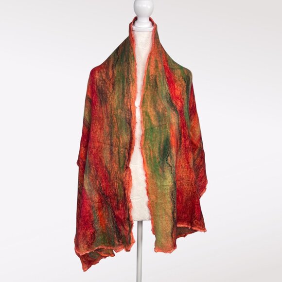 Felted Wool Shawl Wrap Scarf Red Green Orange Multicolor Boho Artisan - Picture 1 of 6